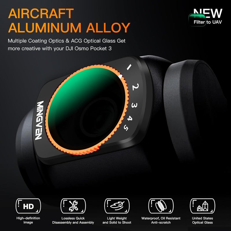 MINGVEN Magnetic Adjustable ND Filters Set for DJI Osmo Pocket 3/Xtra Muse Camera Accessories, Adjustable ND Filters 1-5 Stops + 6-9 Stops - 4 Pack (CPL, UV, VND2-32 VND64-512) - Image 2